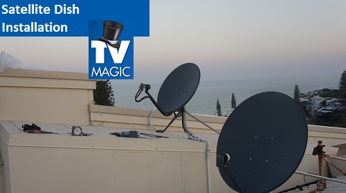 two satellite dish installations on a roof with the caption satellite dish installation with a TV Magic logo in top left corner