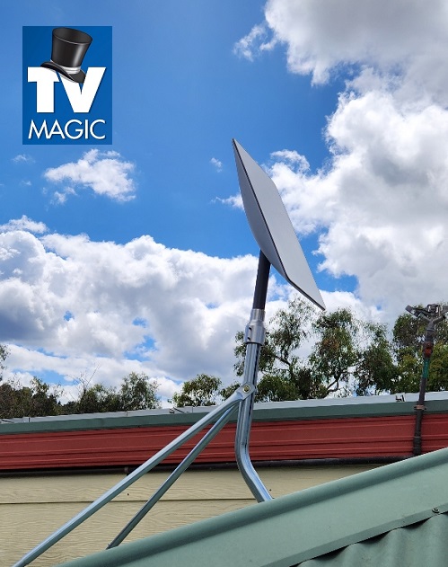 Starlink internet installation on a tin roof with a TV Magic logo in top left corner