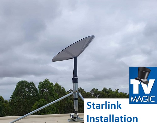 a starlink installation on a roof with the caption Starlink installation in bottom right corner with a TV Magic logo overlapping