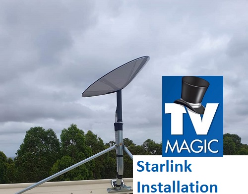 a Starlink installation with a TV Magic logo overlapping the caption Starlink internet installation in bottom left corner
