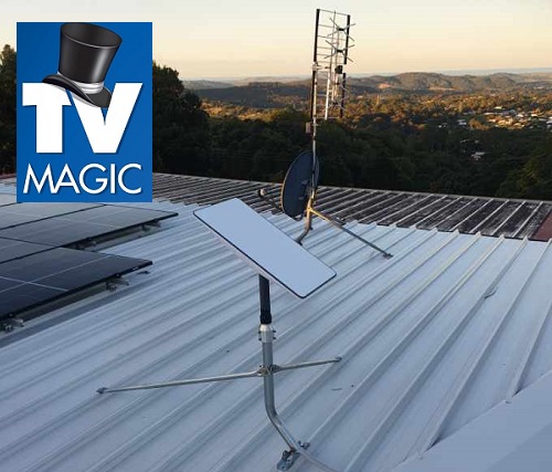 Starlink satellite installed on a tin roof with a TV Magic logo in top left corner