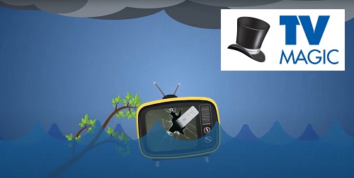 an animated picture of a broken TV set with a TV Magic logo in top right corner
