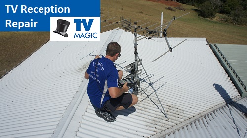 a technician on the roof of a building repairing an antenna - TV Magic logo in top left corner overlapping the caption TV Reception Repair
