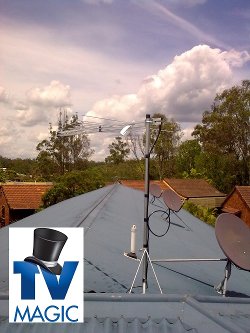 A TV Magic antenna installation. TV Magic logo in bottom left corner