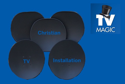 Various satellite dishes with "Christian TV Installation" in front.