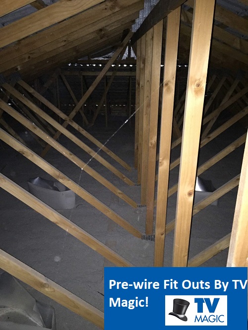 Interior of a roof space. Caption "Pre-wire fit outs by TV Magic!"