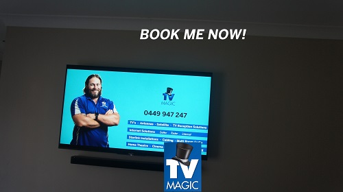 a TV with technician on screen with list of services. "Book me now" at top of screen