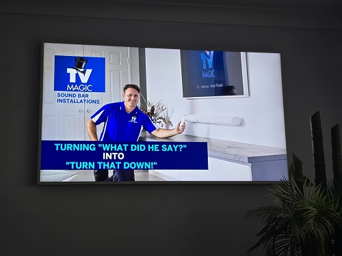 Technician holding TV point. Caption and logo 