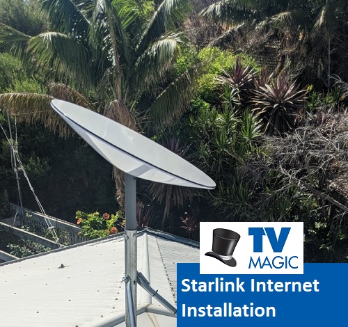 a Starlink dish installed on a roof with the caption "Starlink internet installation" and a TV Magic logo in bottom right corner