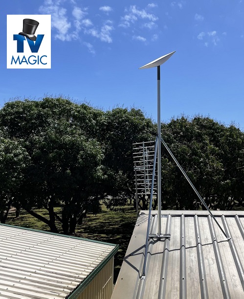 Extended mast Starlink installation. Logo in top left corner