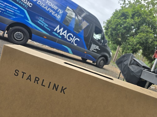 TV Magic van with Starlink kit in front