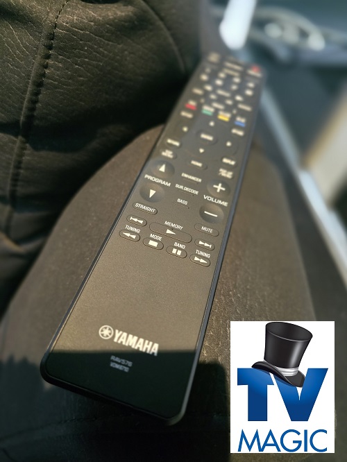 Close up of a TV remote on a couch
