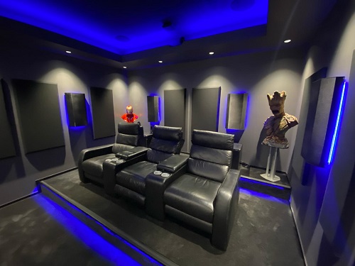 a themed home theatre setup in blue by TV Magic