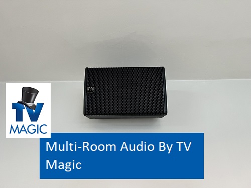 Wall mounted speaker with TV Magic logo below