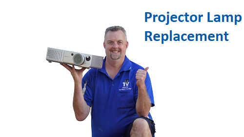 Technician with a projector - caption "Projector Lamp Replacement" in top right corner