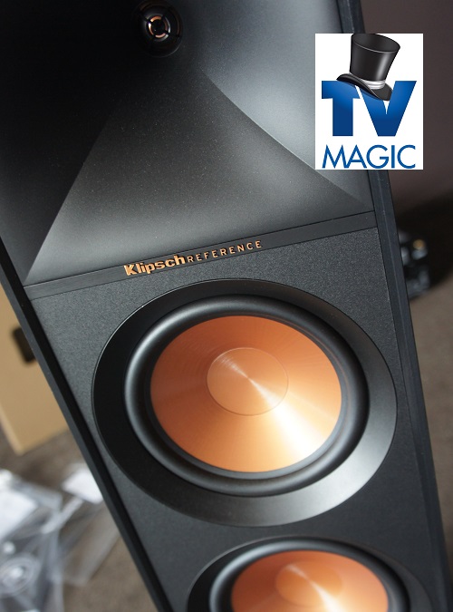 Close up of a big speaker with TV Magic logo in top right corner