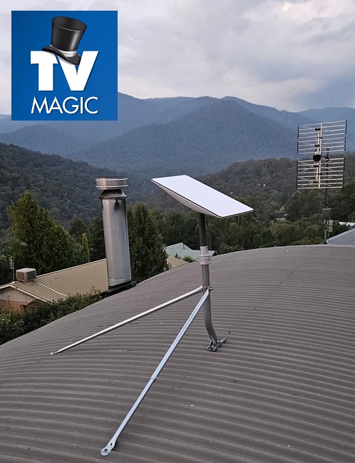 Starlink installed on a tin roof with TV Magic logo in top left corner