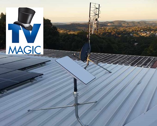 Starlink dish installed on a tile roof with TV Magic logo