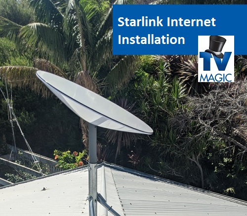 close up of a Starlink dish with caption "Starlink internet installation" and TV Magic logo in top right corner