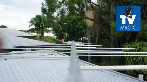 a close up of an antenna installation with a TV Magic logo in top left corner