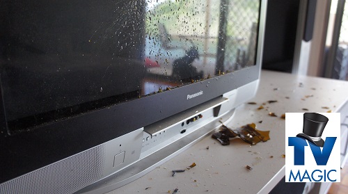 Broken TV screen with TV Magic logo in bottom right corner