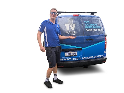 Technician - Lucas, at the rear of his van, wearing his TV Magic sunglasses.