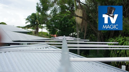 close up of a TV Magic aerial installation.  TV Magic logo in top right corner
