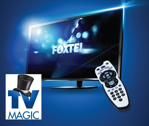 Screen with Foxtel on it and a remote