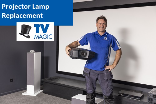 Technician holding a projector. Caption "Projector Lamp Replacement by TV Magic"