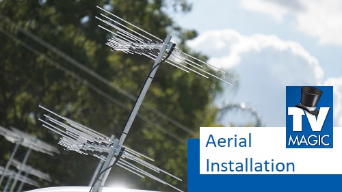 a TV aerial installation with a caption that says " Aerial installation" and a TV Magic logo in bottom right corner