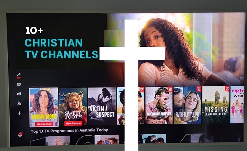 TV images with Christian TV caption and cross