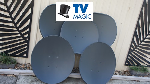 multiple satellite dishes on display