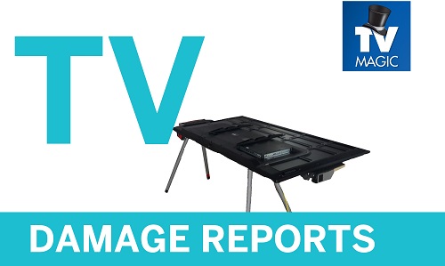 Caption "TV Damage Reports" with a work bench