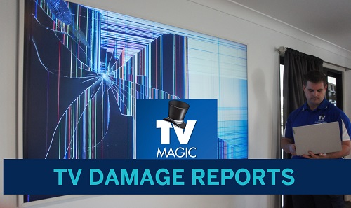 Technician next to a broken screen. Caption "TV Damage Reports" with logo.