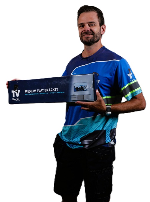 Technician - Alex, holding a TV Magic wall mounting bracket.