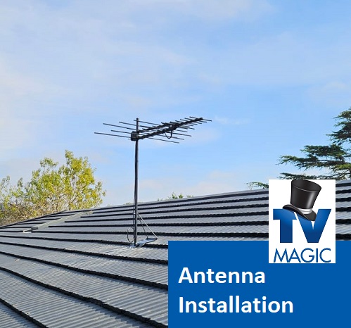 an antenna on a tile roof. Caption "Antenna Installation" in bottom right corner with TV Magic logo