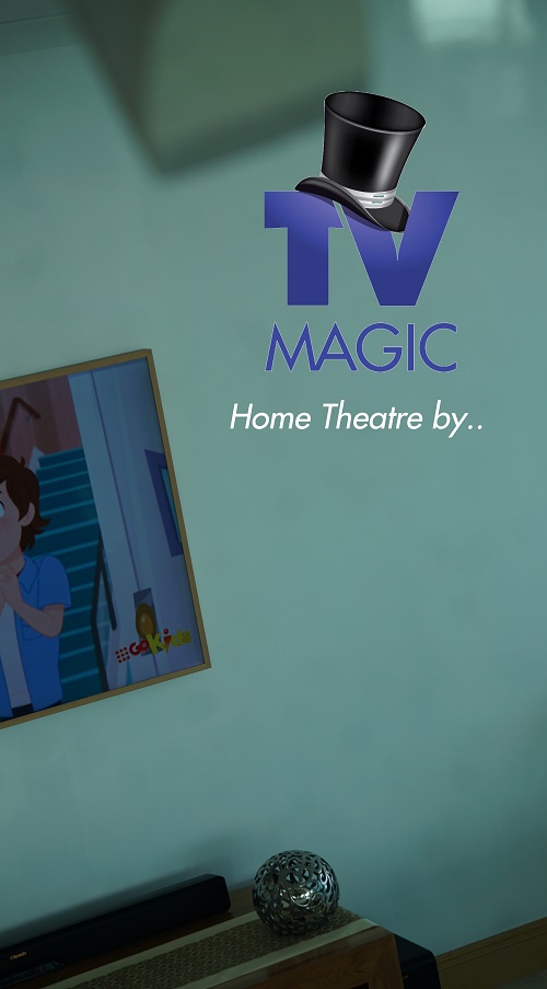 a side view of a home cinema setup with TV Magic logo on screen and caption "home theatre by"