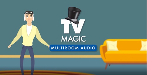 Animation of customer in living room. Logo and caption.