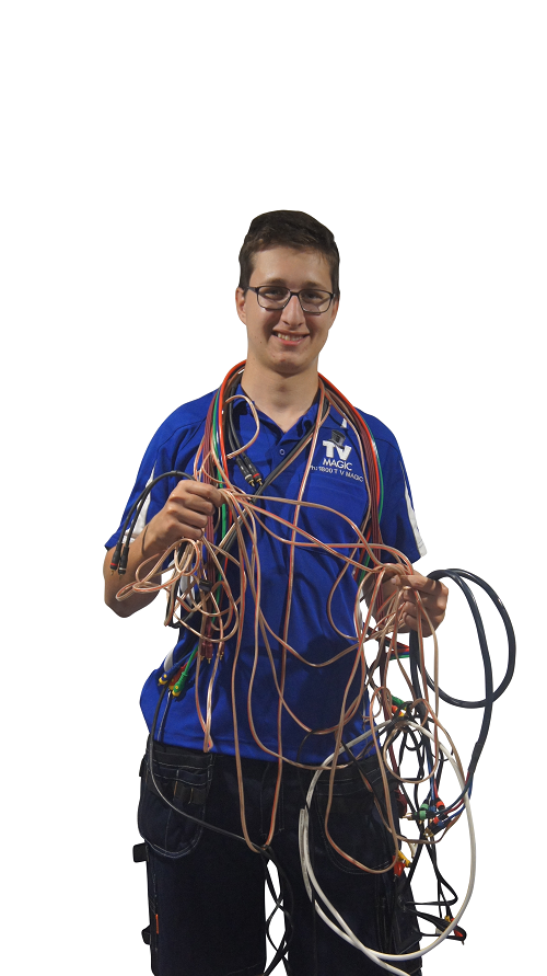 Technician - Ketih, covered in tangled cables
