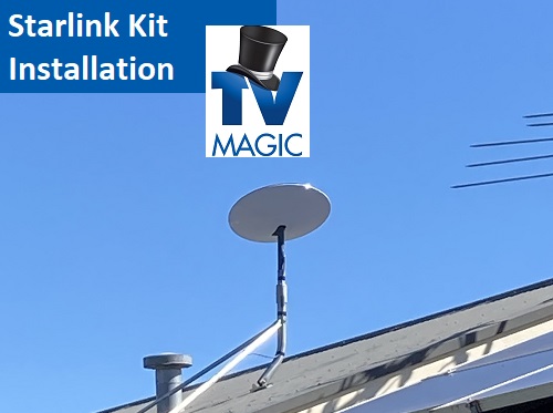 a Starlink kit installation with caption "Starlink kit installation" in top left corner with TV Magic logo overlapping