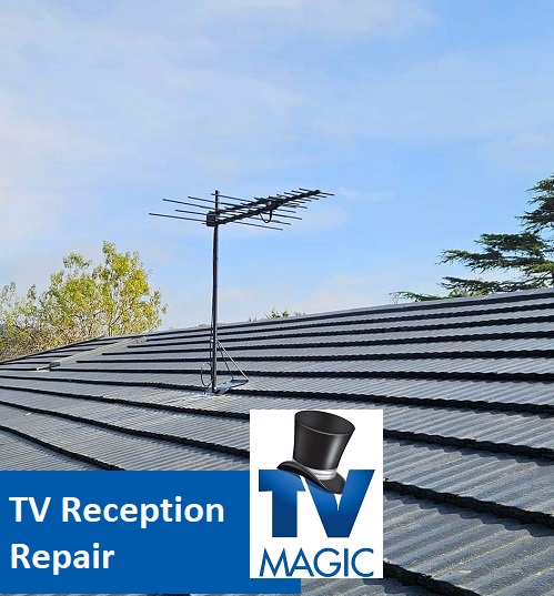an antenna installation on a tile roof. Caption "TV Reception Repair" with TV Magic logo in bottom left corner