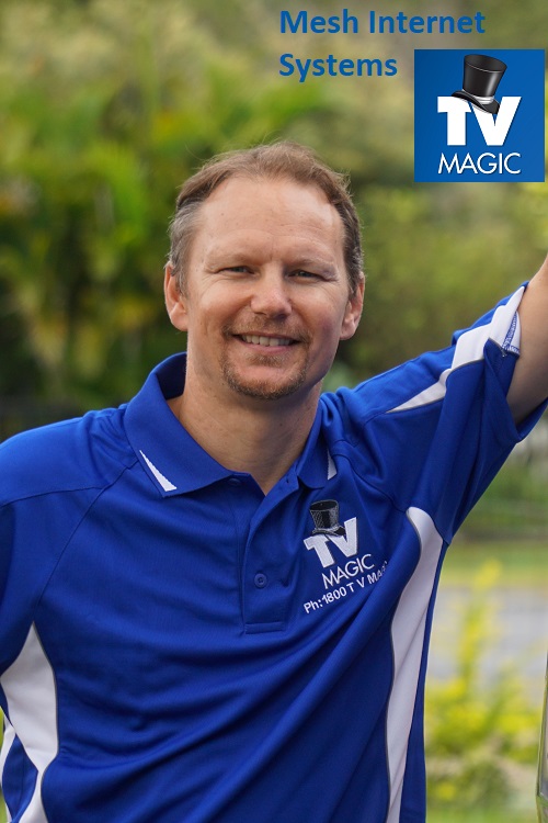 a photo of technician with caption "Mesh Internet Systems"