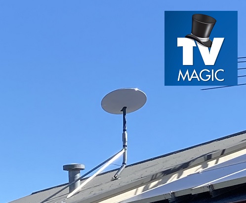 a Starlink internet installation on a tile roof with TV Magic logo in top right corner