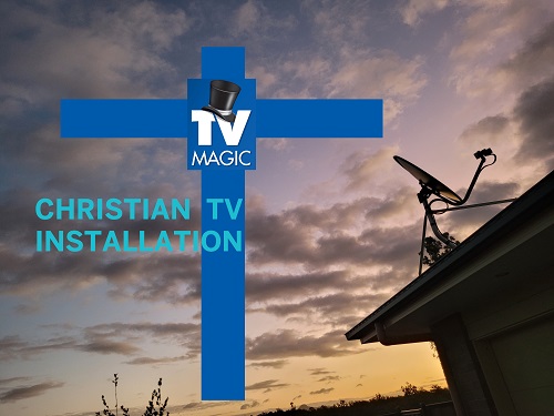 TV Magic logo on cross with caption "Christian TV Installation"