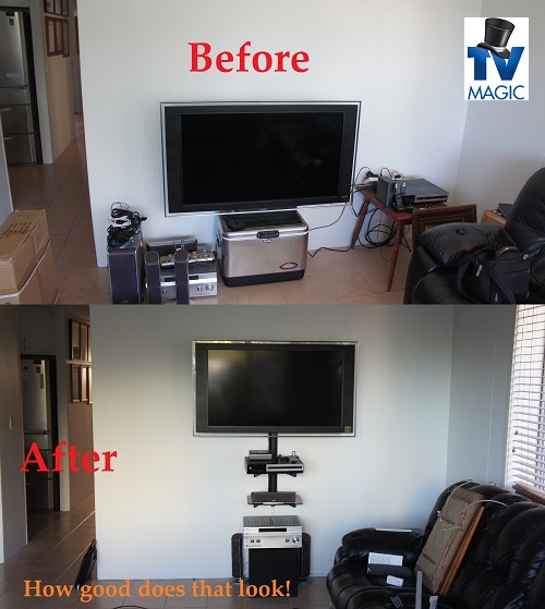 before and after shots of a TV installation upgrade. TV Magic logo in top right corner
