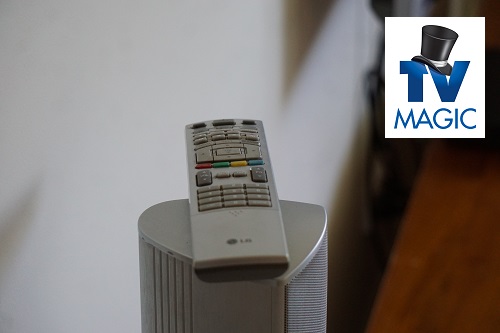 A TV remote sitting on top of a tower speaker.