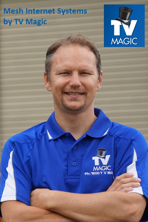 picture of technician - with caption "Mesh Internet Systems" in top left corner, TV Magic logo in top right corner
