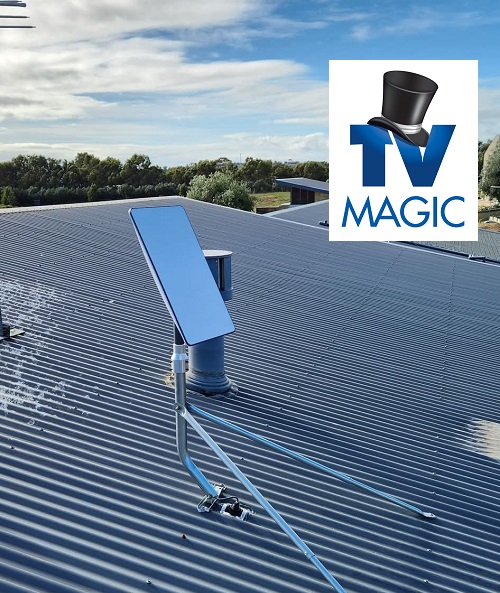A Starlink Internet Installation on a tin roof, with TV Magic logo in top right corner