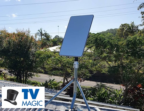 A Starlink system on a tin roof with a TV Magic logo in bottom left corner