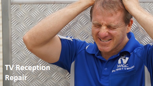 technician pulling his hair out. Caption "TV Reception Repair" in bottom left corner